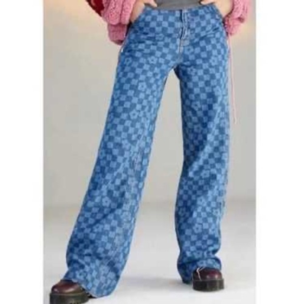 PacSun Blue Checkerboard Floral Wide Leg Carpenter Jeans 27 High Rise Raw Hem